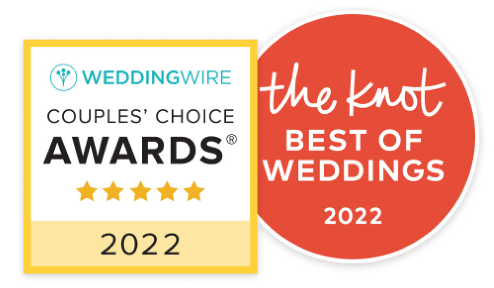 Two award stickers, reading "couples's choice awards 2022" and "the knot best of weddings 2022."